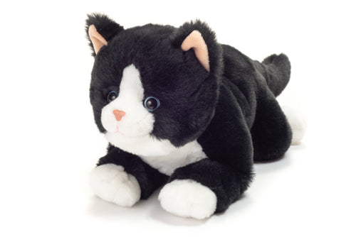 Lying black & white cat soft toy 30cm machine washable