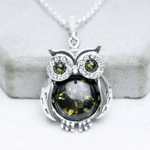 Amber Charm - Green Amber Owl Pendant Necklace Silver Owl Necklace: 47cm