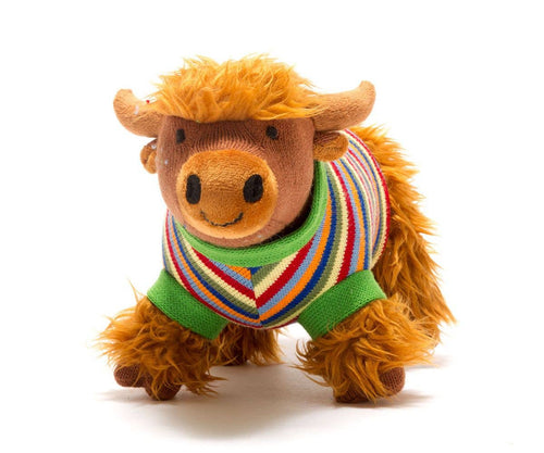 Best Years Knitted Highland Cow Soft Toy in Stripe Jumper BY5436