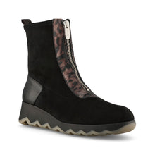 Wonders C-7632 Black Leather Boots with front zip & animal print detail