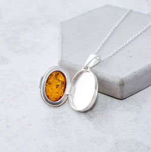 Amber Charm - Baltic Amber Locket Pendant Necklace Sterling Silver Locket