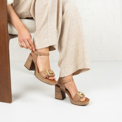 Oh! My Sandals - 5636 Taupe Block Heeled Leather Sandals