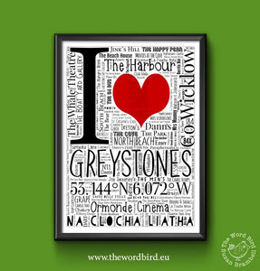 I Love Greystones Word Bird Poster