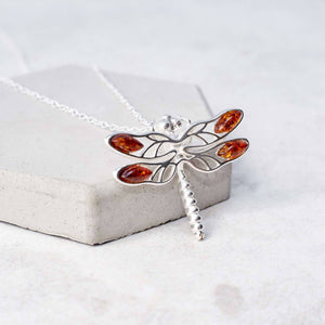 Amber Charm - Baltic Amber SS Dragonfly Pendant 47cm Silver Chain