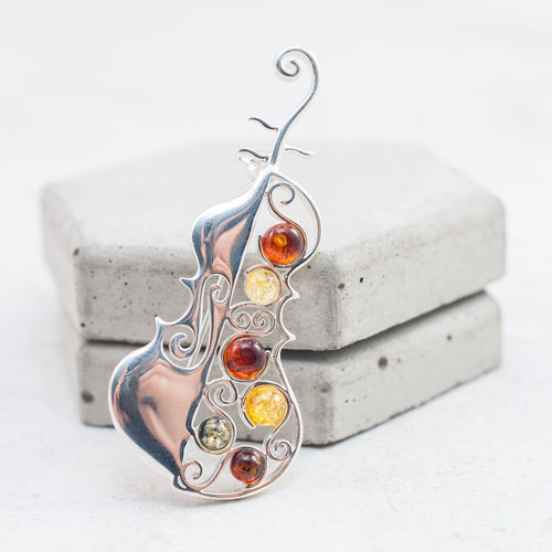 Amber Charm - Silver Natural Baltic Amber Cello Brooch