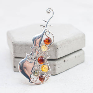 Amber Charm - Silver Natural Baltic Amber Cello Brooch