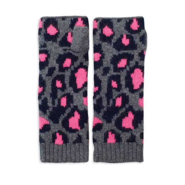 Leopard Cashmere Knitted Wrist Warmers - Navy/Grey/Pink