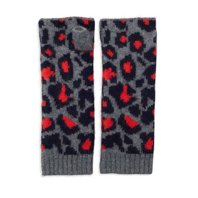 Leopard Cashmere Knitted Wrist Warmers - Grey/Navy/Orange