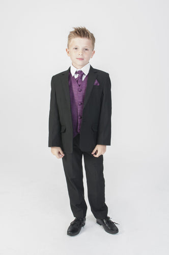 Black Diamond Boys 5 pce Suit with Purple Waistcoat