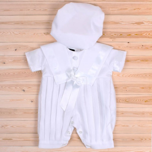 White pleated Romper & Bonnet